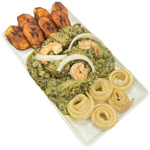 Ndole crevettes & Viande de boeuf & plantain frit/Miondo/Bâton