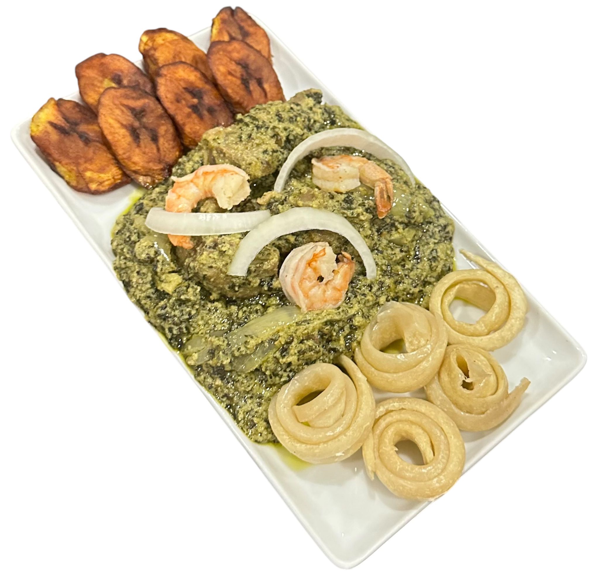 Ndole crevettes & Viande de boeuf & plantain frit/Miondo/Bâton